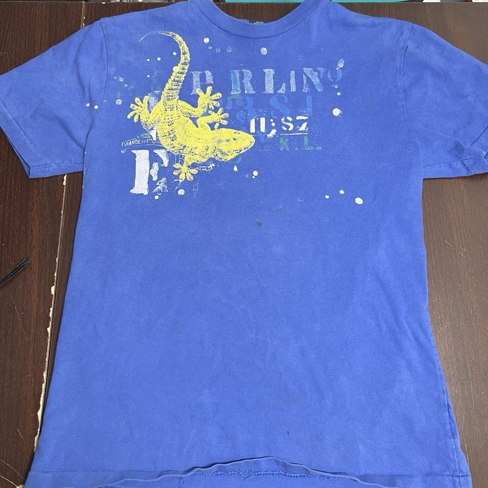 Vtg Polo Ralph Lauren Boys M 10-12 Lizard Graphic Blue Tee Single Stitch *Flawed